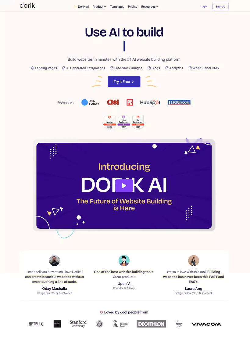 Homepage de Dorik AI