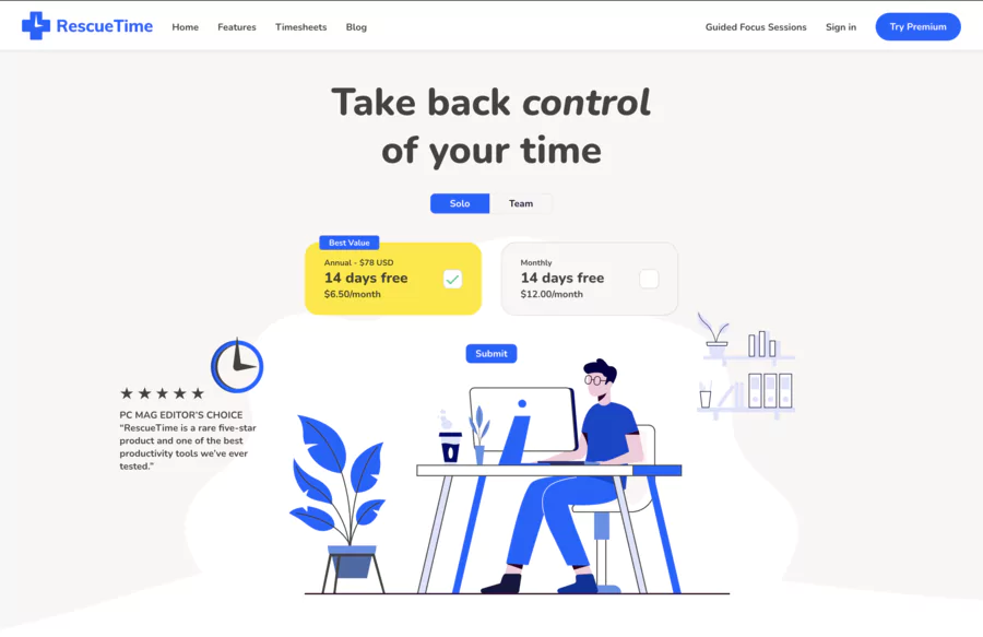 page d'accueil de Rescuetime