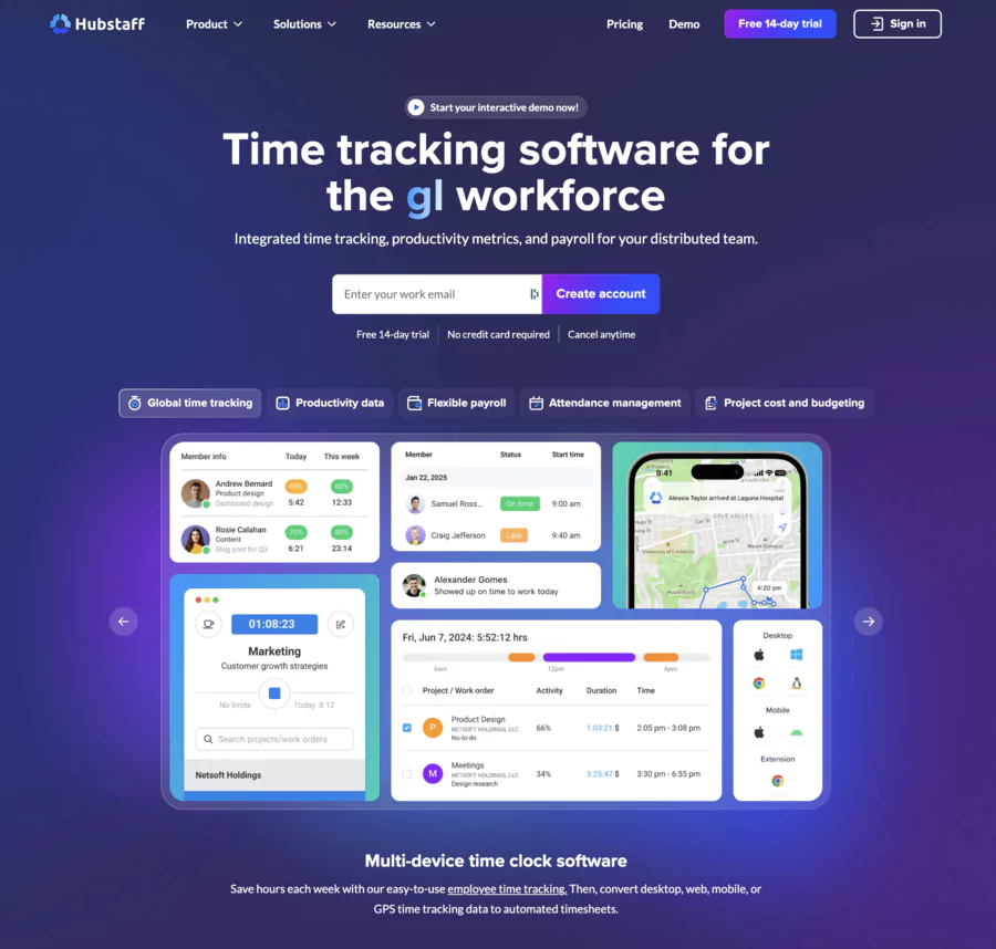 page d'accueil de Hubstaff