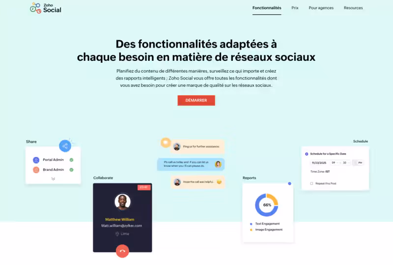 page d'accueil du site de Zoho Social
