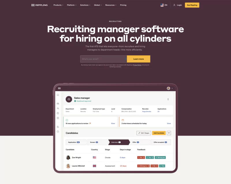 ensemble des fonctionnalités en ligne de rippling