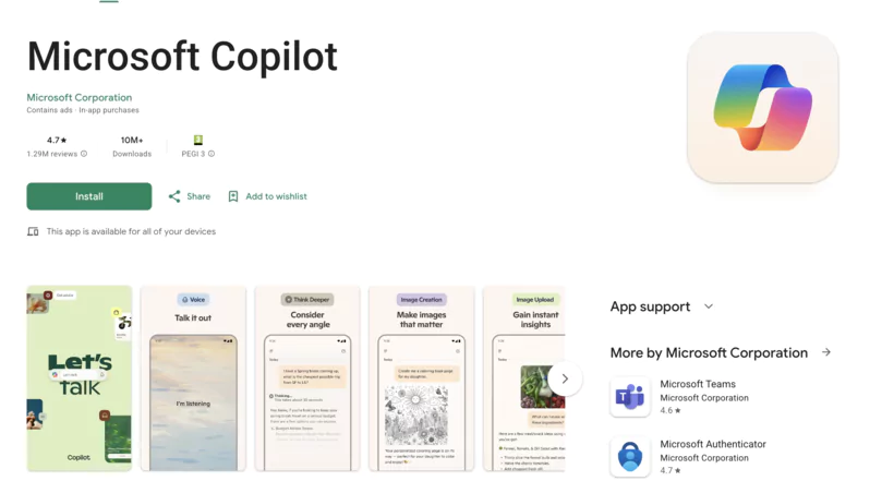 Microsoft copilot sur Google play