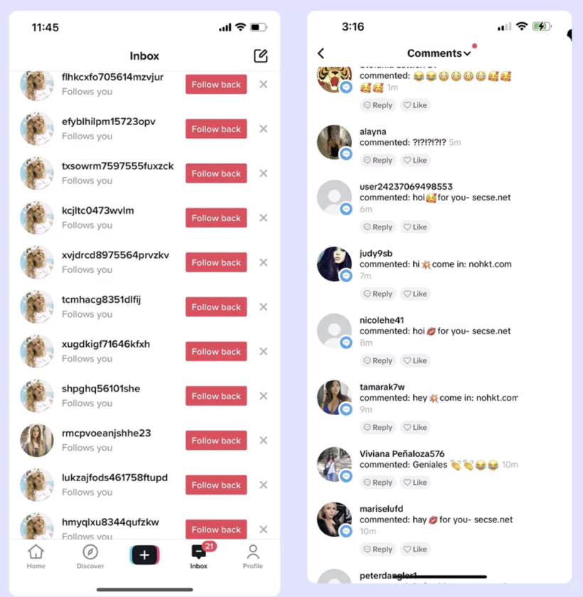 interface de téléphone montrant les interactions automatisées d'un bot sur Tiktok