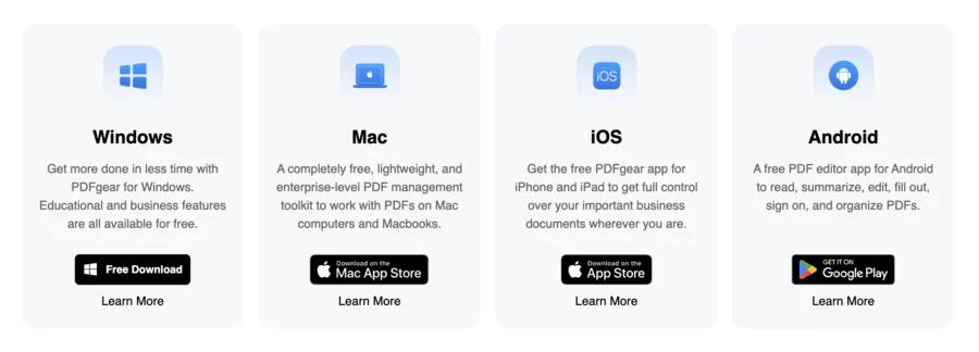 platefromes disponibles de PDF Gear