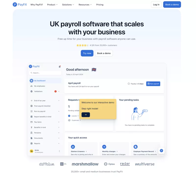 homepage of one of the best HR software Payfit