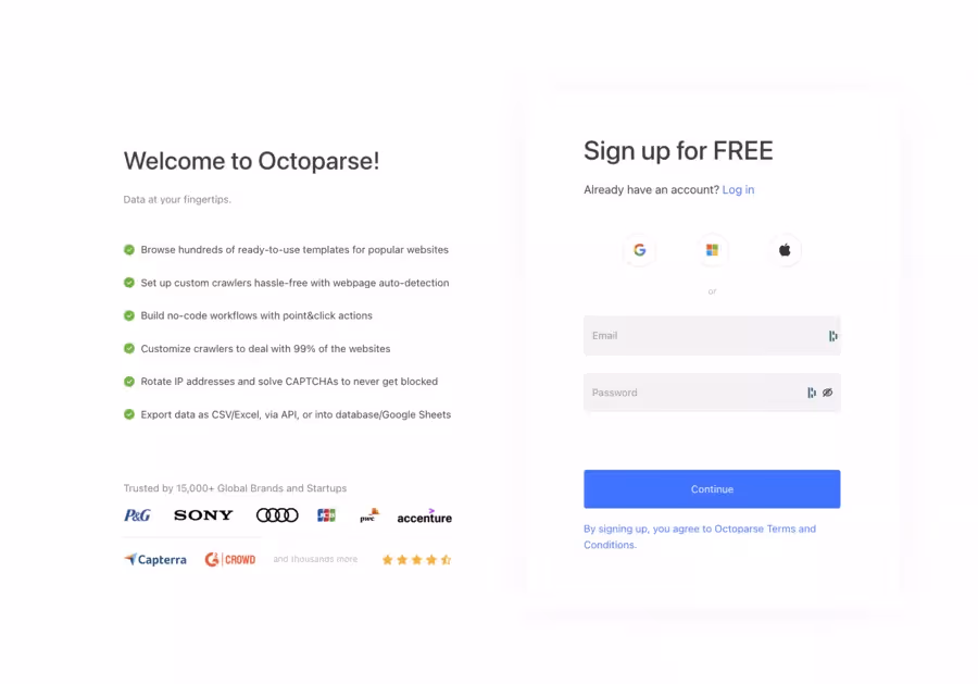 inscription à Octoparse (démo et essai gratuit)