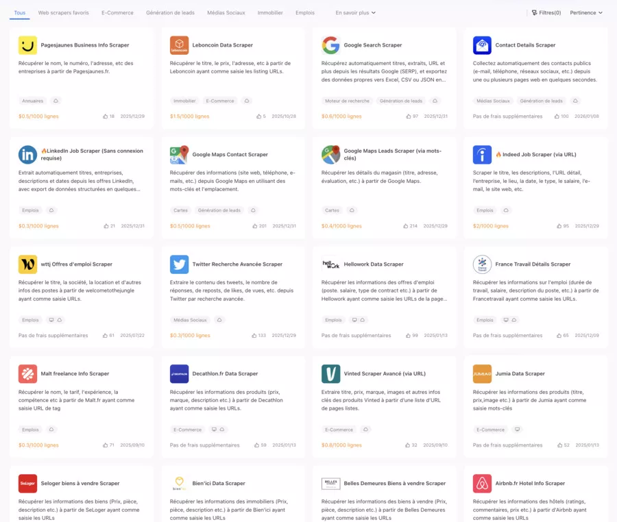 choix de modèles déjà configuré pour collecter des données