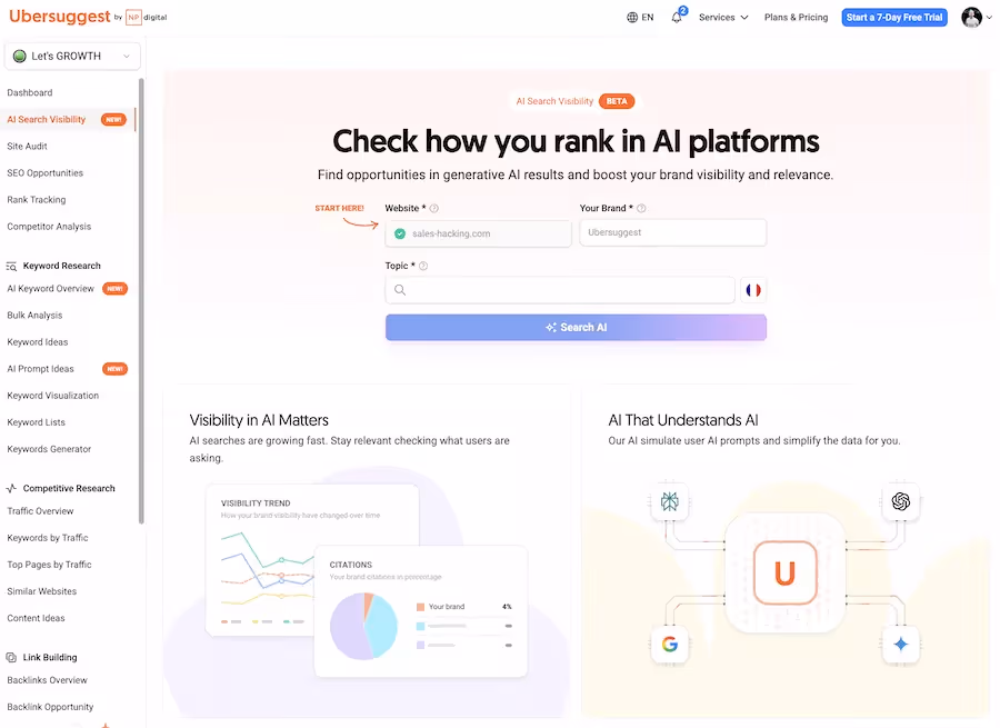 page accueil de ubersuggest