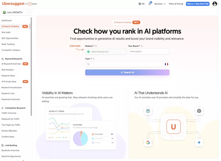 page accueil de ubersuggest
