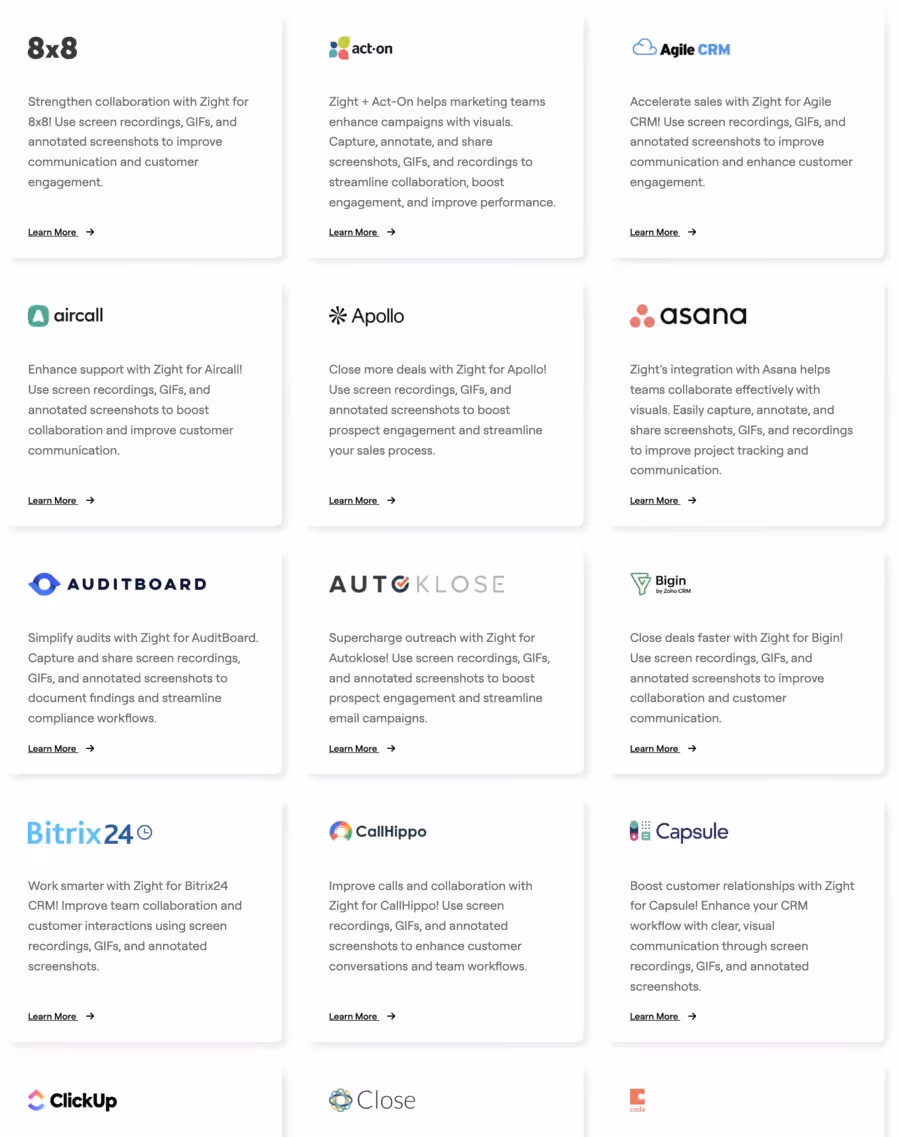 Intégrations sur le site internet de Zight (gestion de projet, Crm, Support client, etc..)