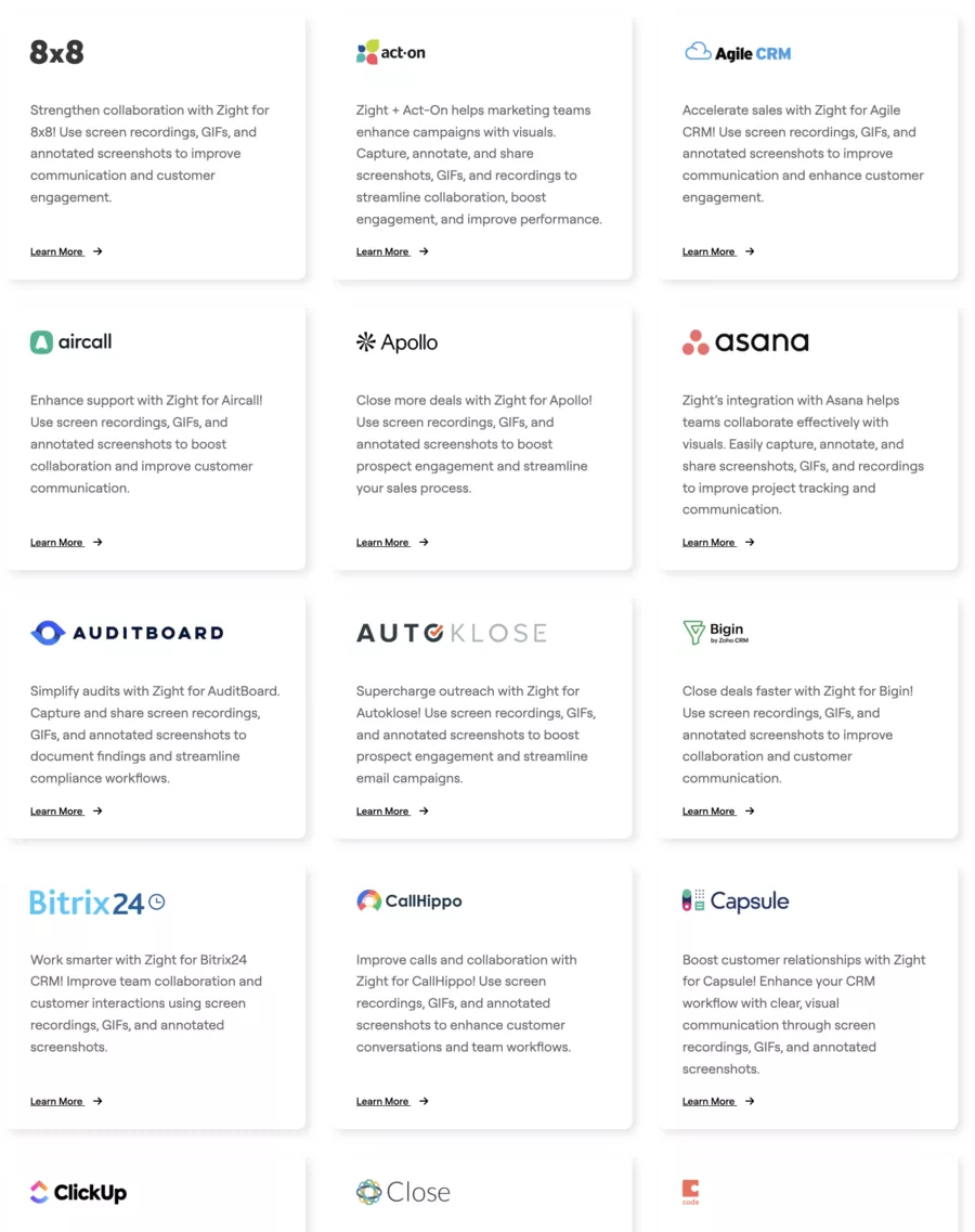 Intégrations sur le site internet de Zight (gestion de projet, Crm, Support client, etc..)