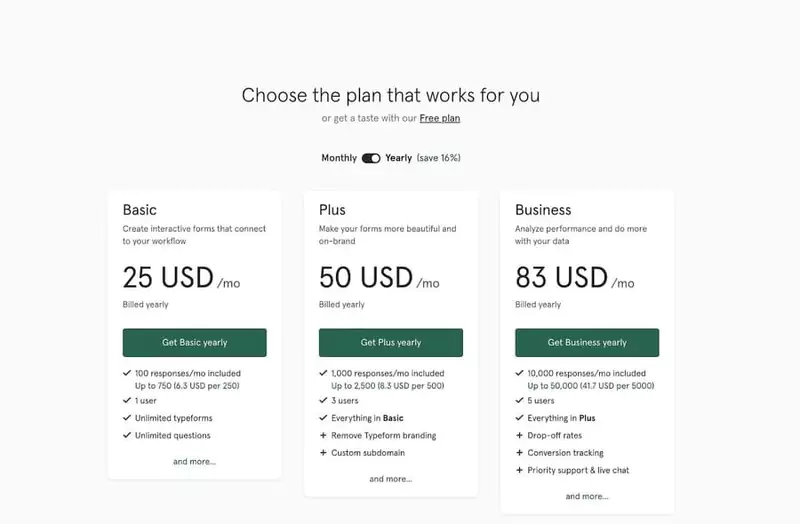 Typeform pricing