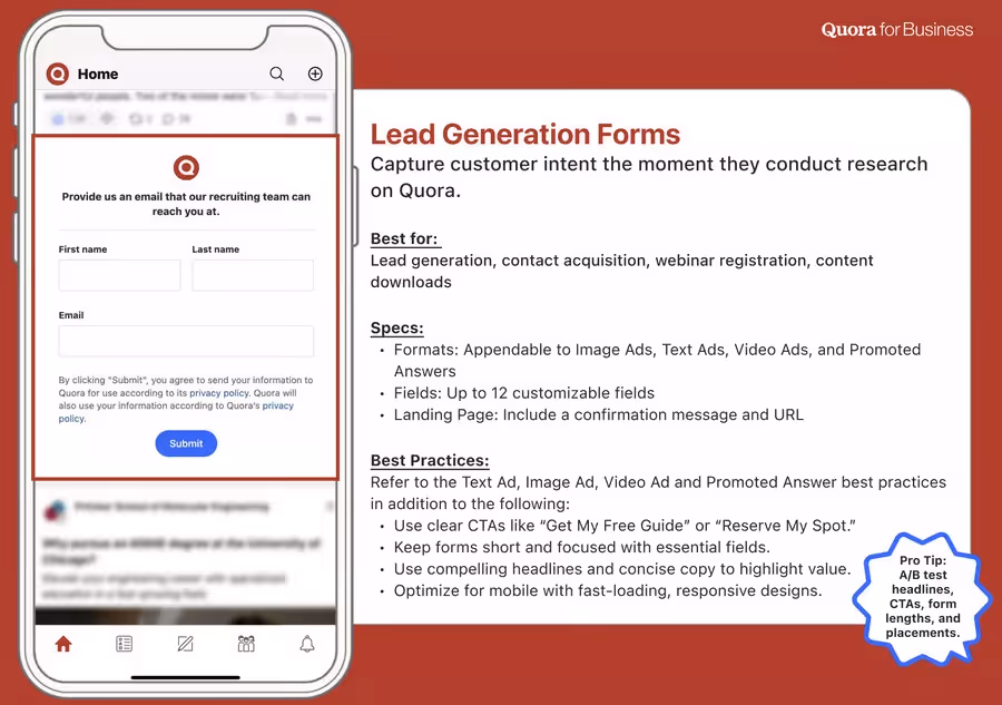 paramètres si vous voulez lancer une campagne de génération de leads sous quora ads