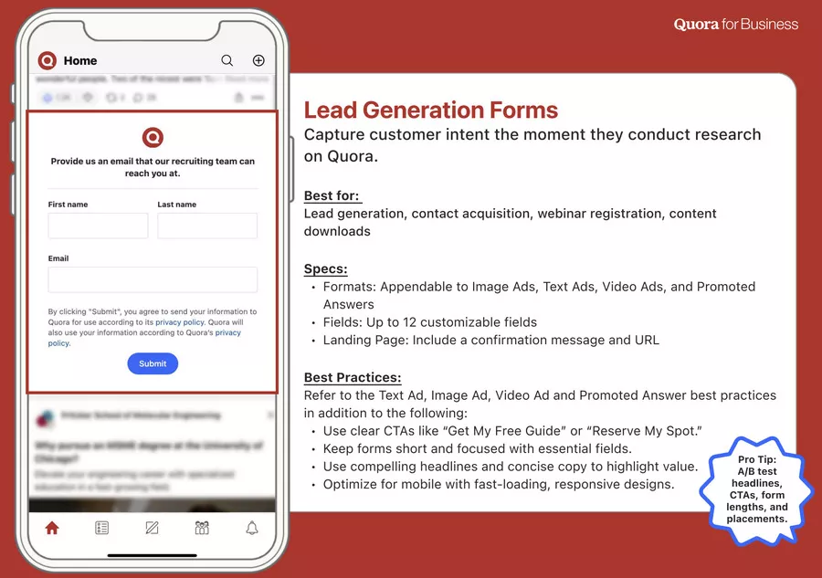 settings if you want to launch a lead generation campaign under quora ads