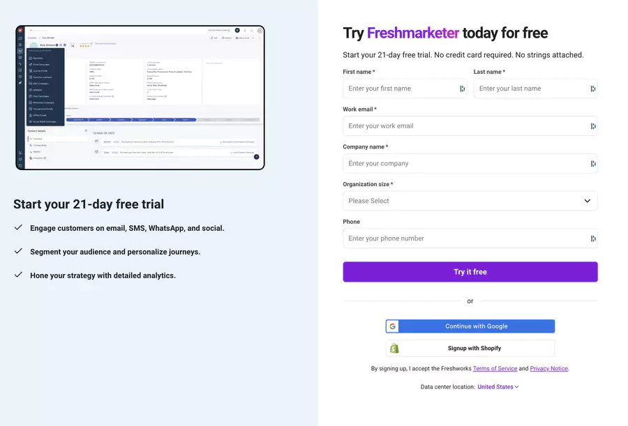 page d'inscription à Freshmarketer