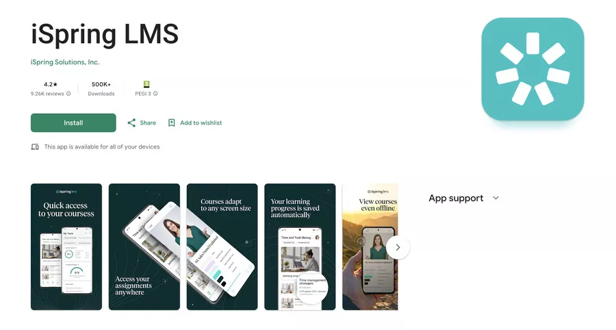 Application iSpring LMS sur Google PLay pour accès sur téléphone mobile