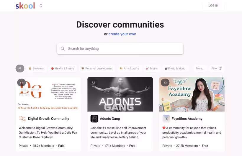 page d'accueil de Skool