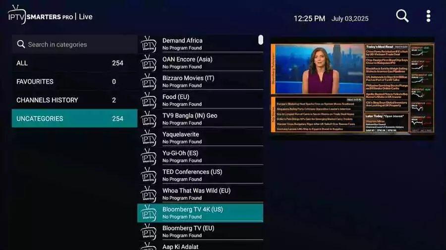 vue de l'interface ee IPTV Smarters PRO