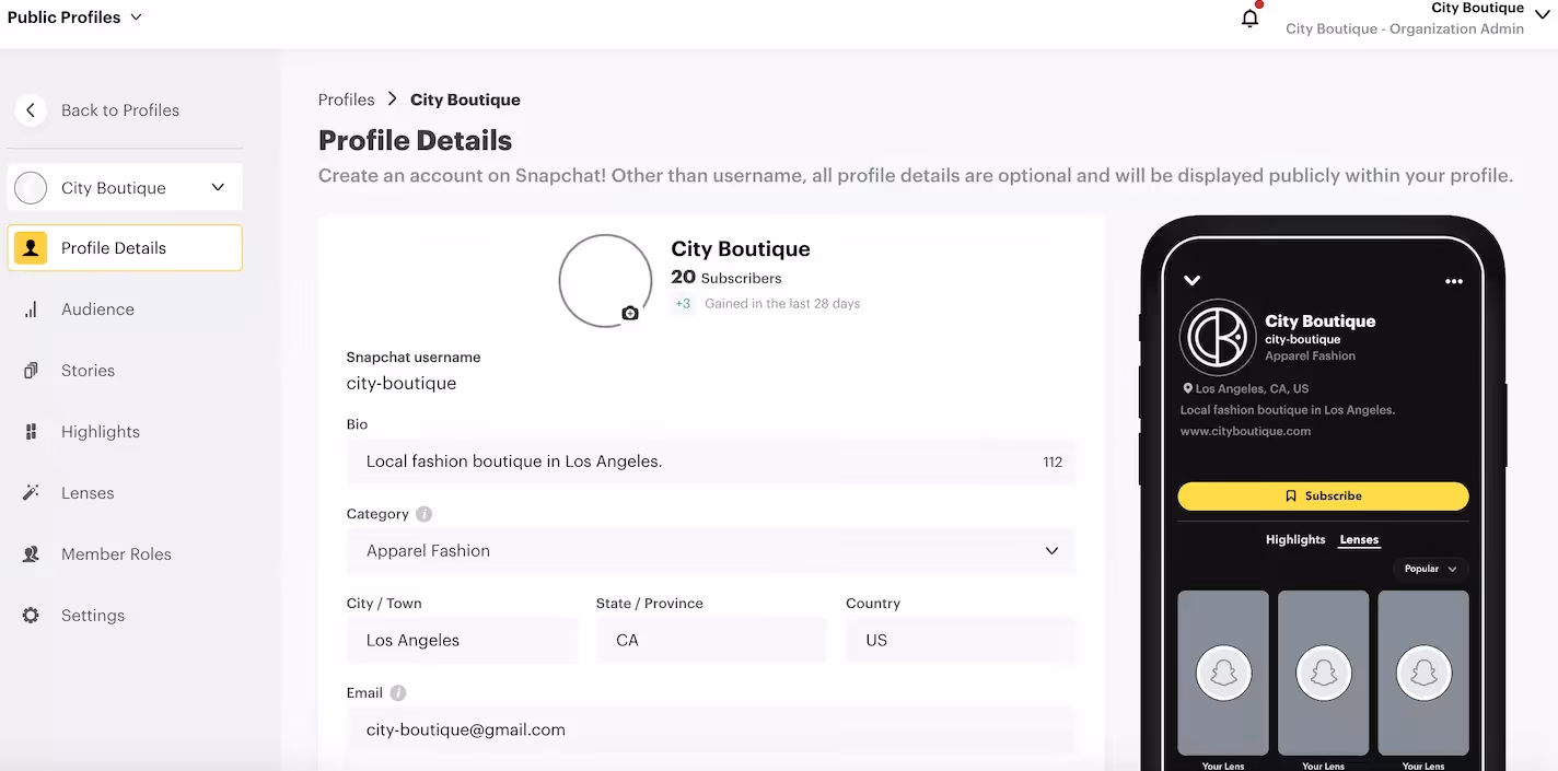 Interface de Snapchat for Business lors de la configuration du compte