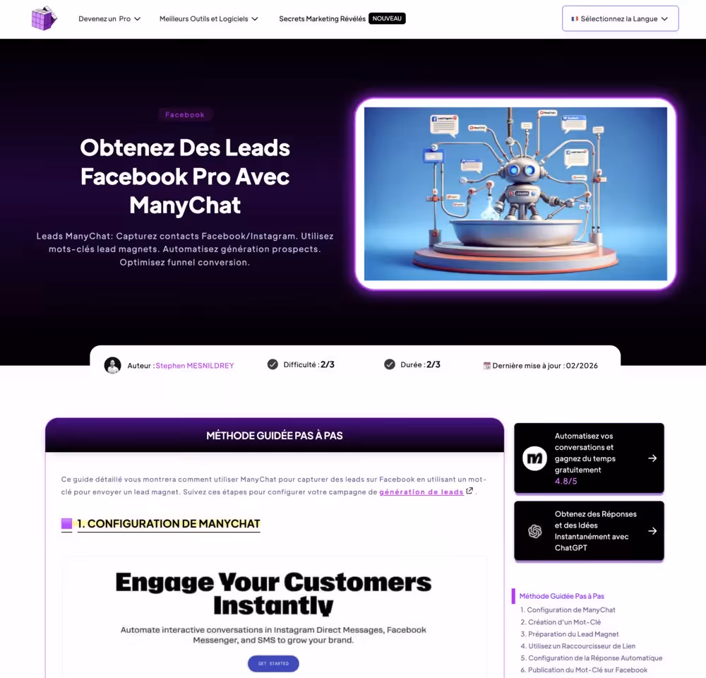 exemple article de blog Obtenez des leads Facebook Pro avec ManyChat