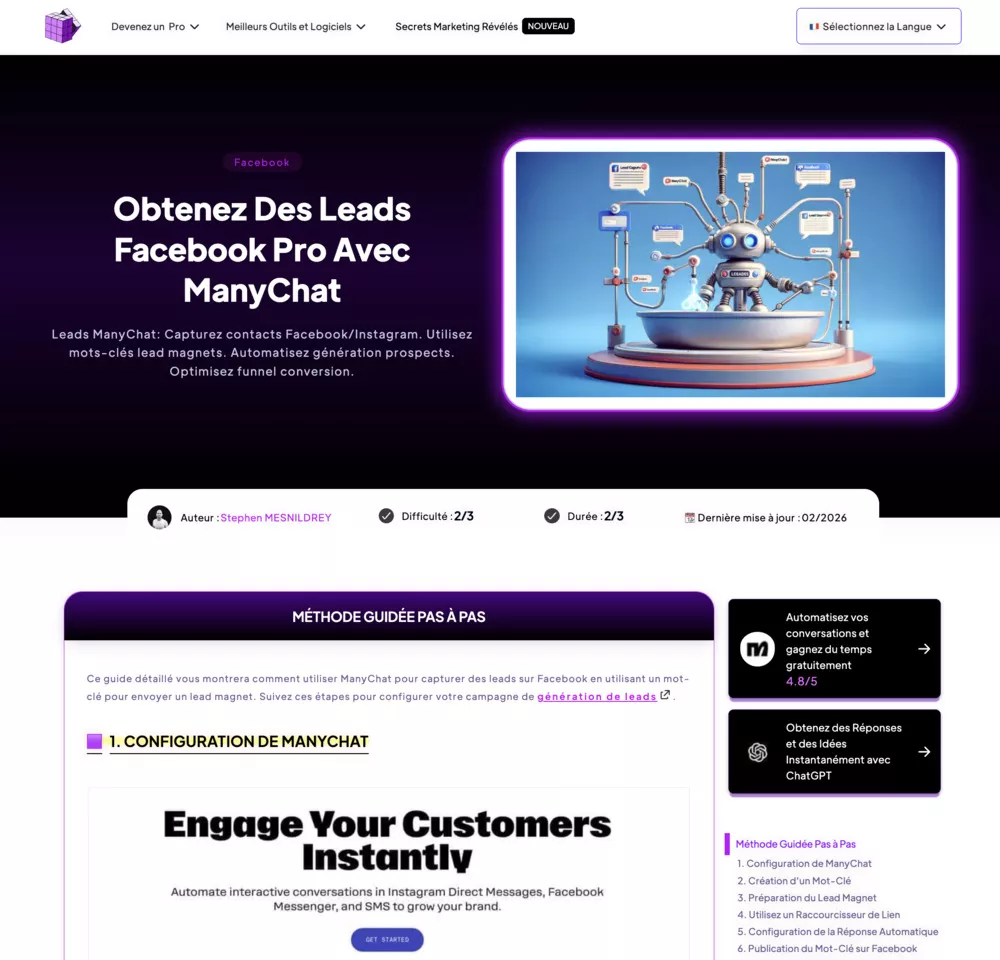 exemple article de blog Obtenez des leads Facebook Pro avec ManyChat