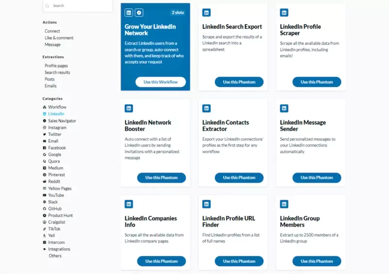 Interface de phantombuster