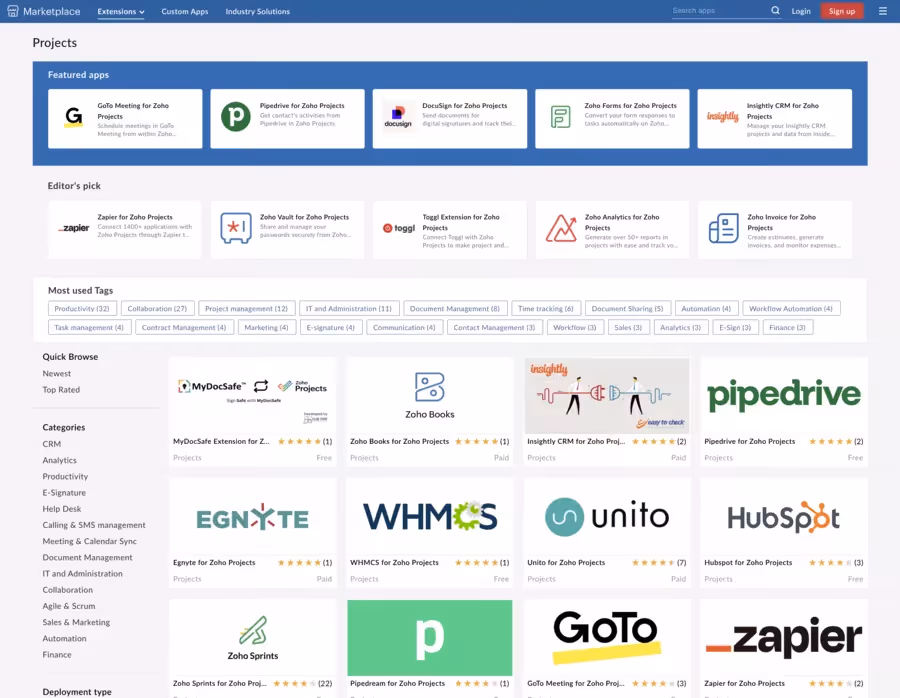 Marketplace d'intégrations Zoho Projects