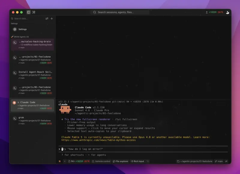 capture d'écran de warp avec claude code