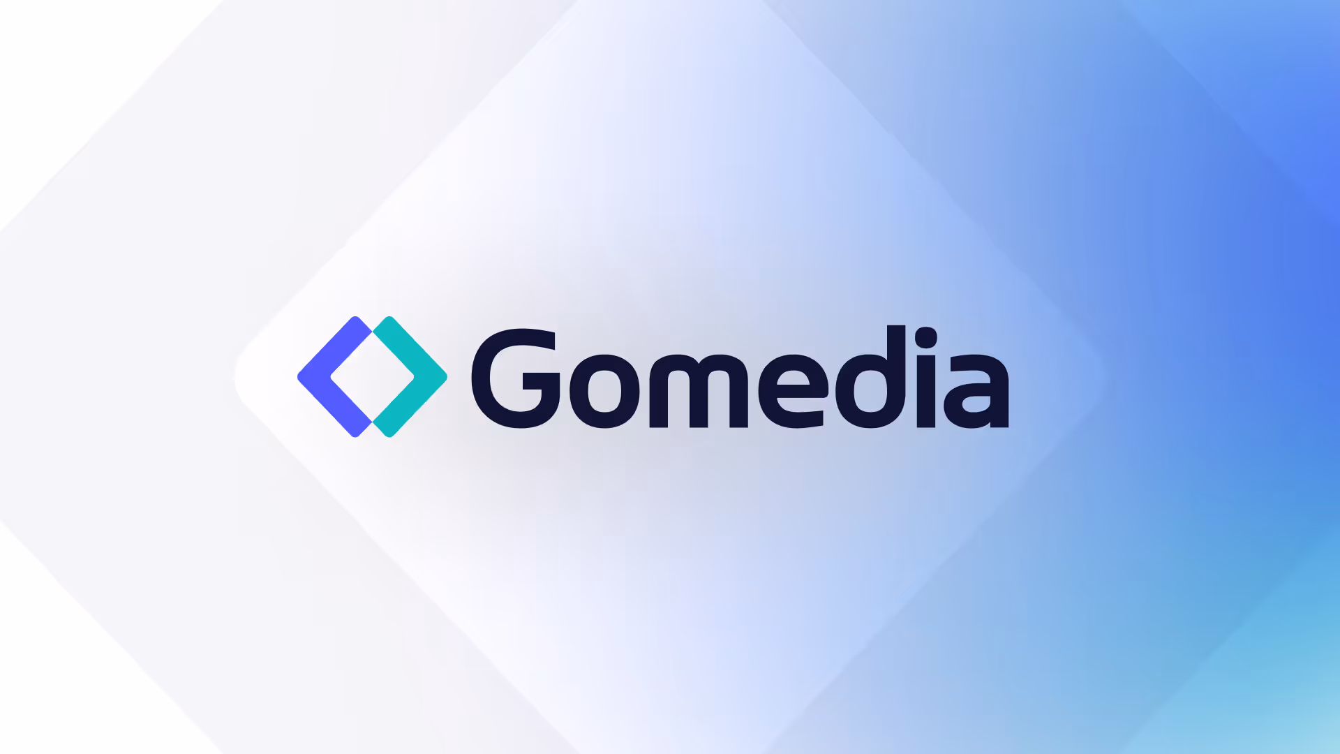 Gomedia logo with teal and blue overlapping diamond shapes on a gradient blue and white background.