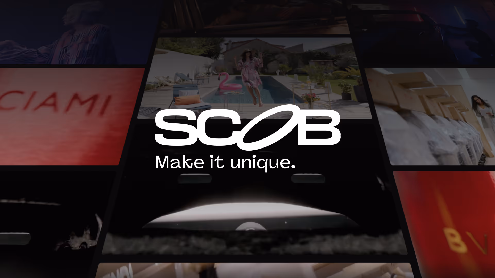 SCOB logo in white with the tagline 'Make it unique.' over a background collage of various blurred images.