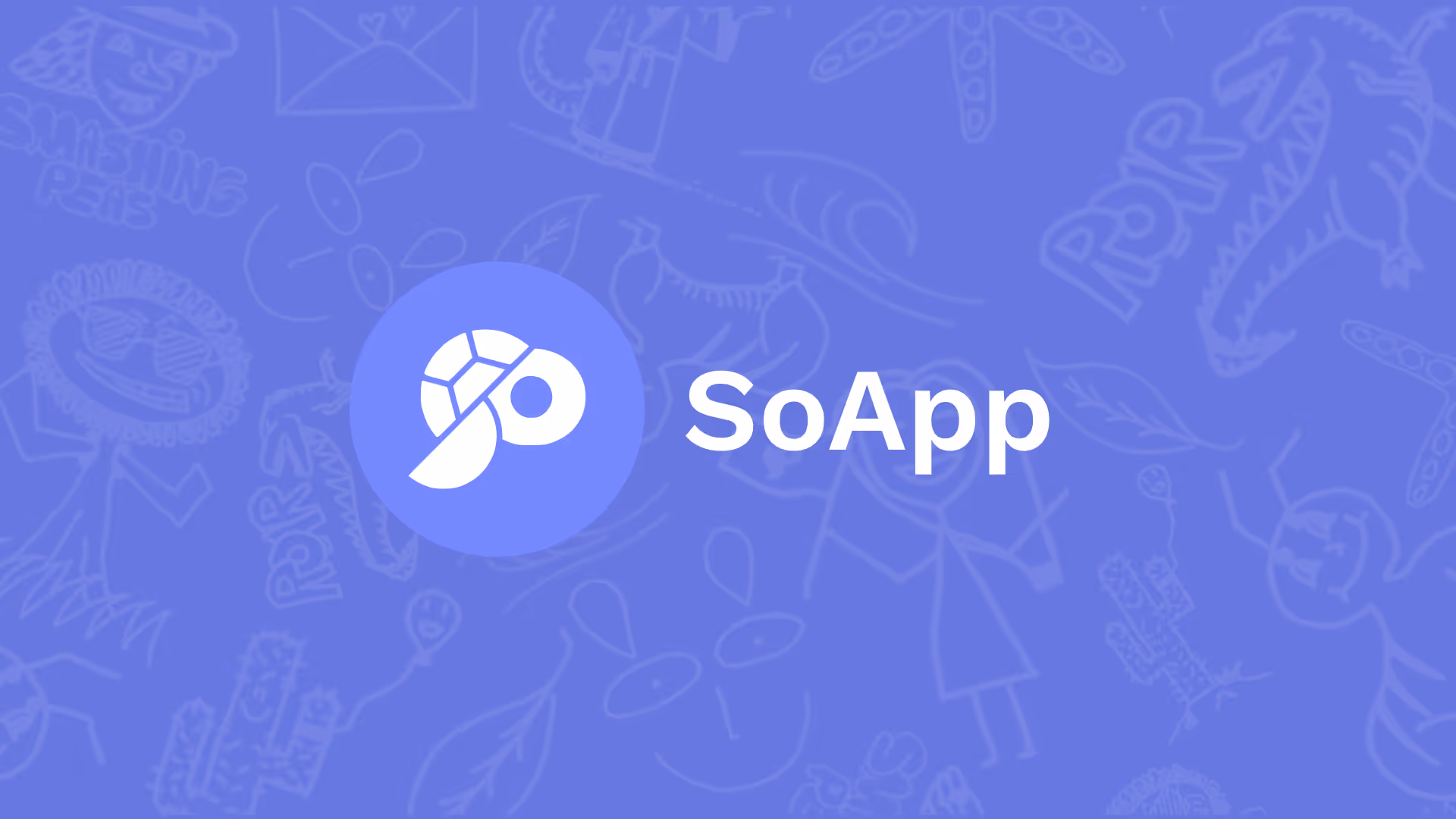 SoApp logo featuring a stylized turtle and paintbrush icon on a blue background with faint doodles of animals and symbols.