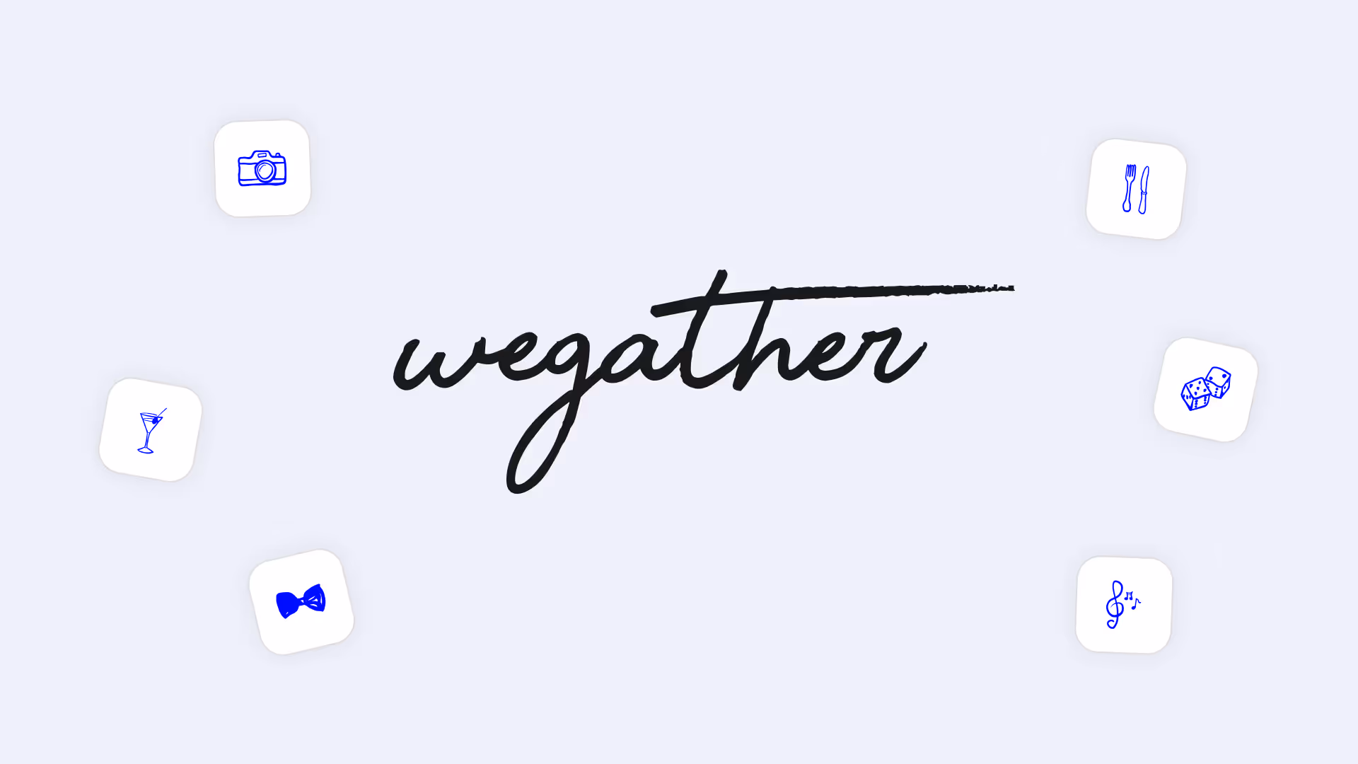 Handwritten word 'wegather' in black script on a light background, surrounded by icons of a camera, fork and knife, dice, musical notes, a bow tie, and a cocktail glass.