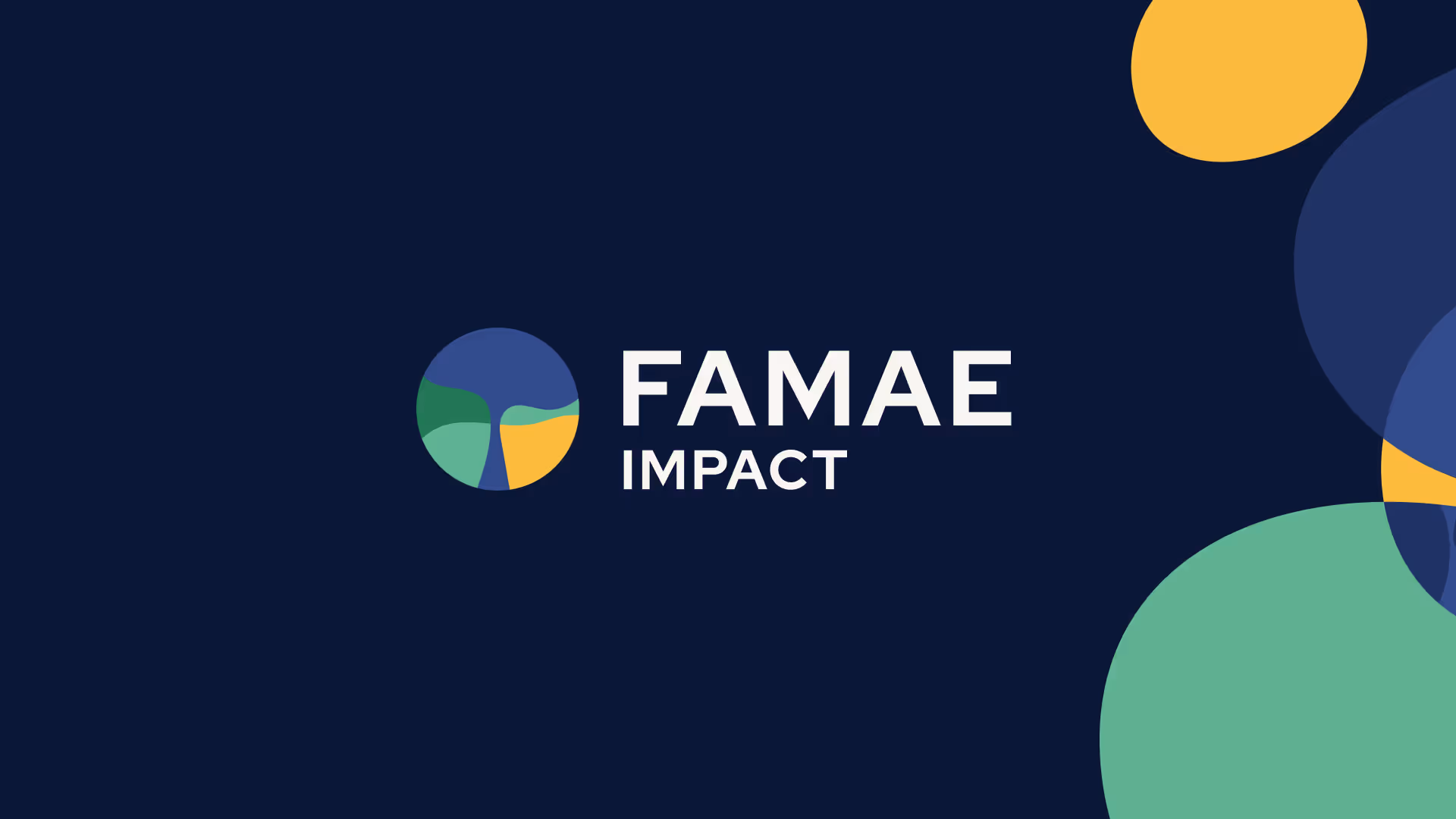 FAMAE Impact logo with stylized circular graphic on dark blue background and additional colorful circles on right side.