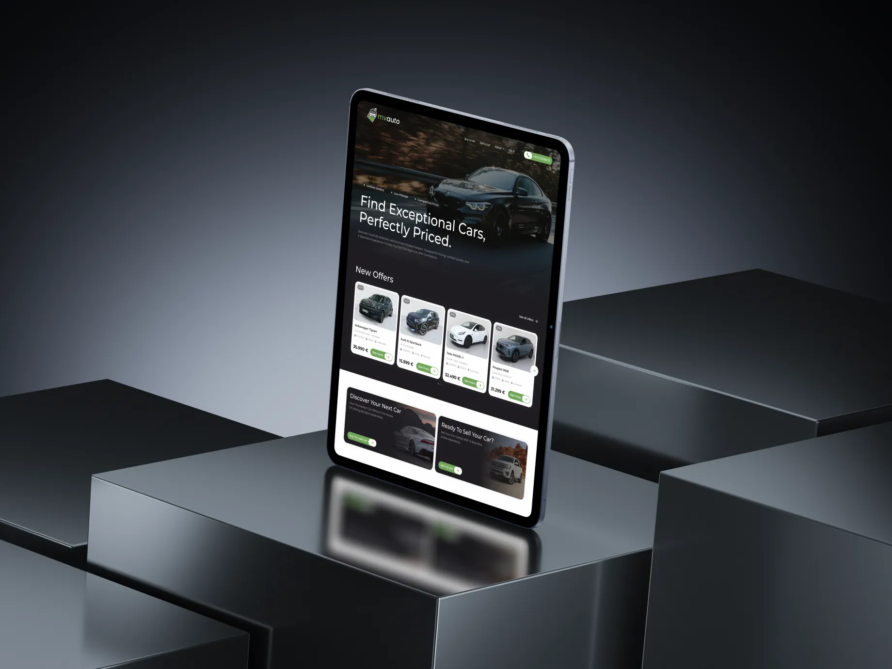 Tablet screen displaying a car sales website with the heading 'Find Exceptional Cars, Perfectly Priced,' showing new car offers including Volkswagen Tiguan, Audi A5 Sportback, Tesla Model Y, and Peugeot 3008 with prices, plus options to discover and sell cars.