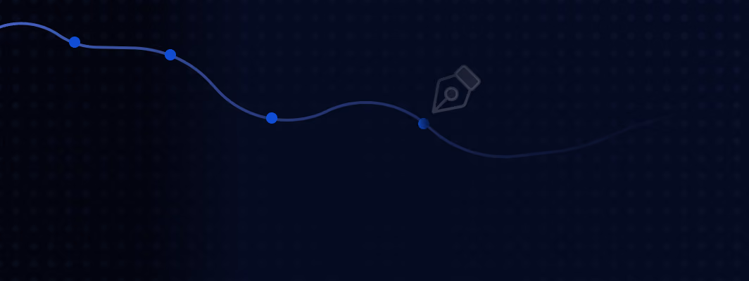 Dark blue background with a wavy line in lighter blue fading from left to right with circular nodes and a pen nib icon near the center right.