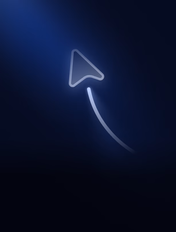 Glowing, stylized arrow cursor with a trailing curved light streak on a dark blue background, suggesting motion or direction.