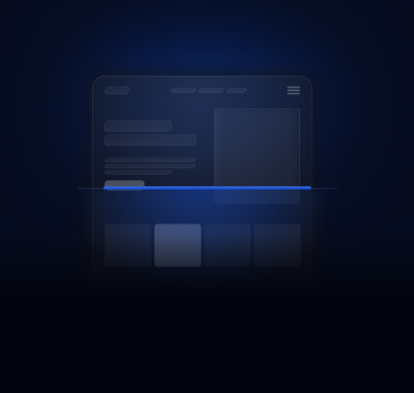 Faint outline of a website interface with a navigation bar, text blocks, an image placeholder, and a highlighted menu item below a thin horizontal line.
