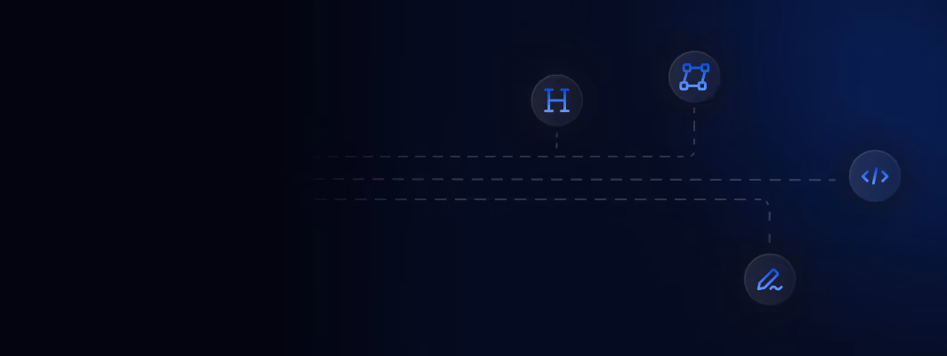 Dark blue gradient background with four small blue circular icons connected by dotted lines: a capital letter H, a network or nodes symbol, a code snippet symbol, and a pen tool icon.
