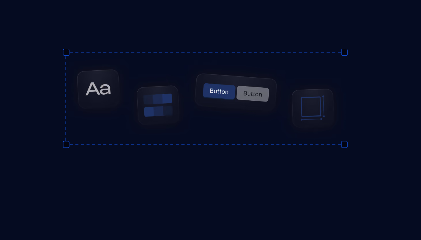Dark-themed interface elements including text formatting icon with 'Aa', alignment icon with two horizontal bars, toggle buttons labeled 'Button' with one active in blue and one inactive in gray, and a square resizing or selection tool icon.