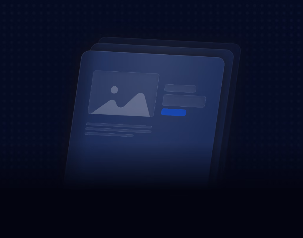 Three stacked translucent digital cards with a dark blue background, each card featuring a placeholder image icon with a silhouette of mountains and a sun, plus lines representing text and a highlighted rectangular button.