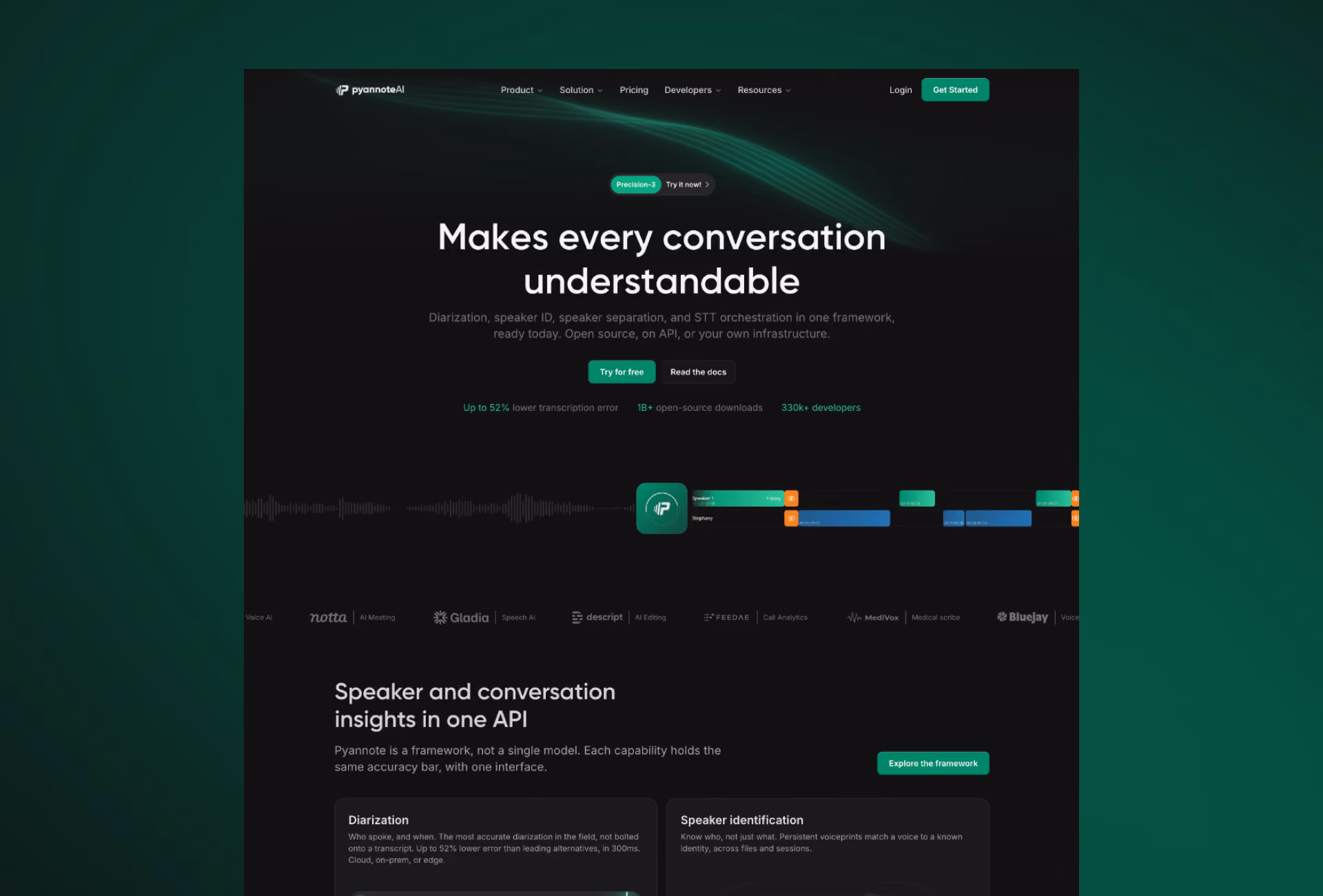 Screenshot of PyannoteAI website homepage displaying its solution for making every conversation understandable using diarization, speaker ID, speaker separation, and STT orchestration in one API. Features include lower transcription error, open-source downloads, and developer support. The image shows a waveform visualization and speaker labels, along with text highlighting speaker and conversation insights in one API and buttons for trying the product for free and exploring the framework.