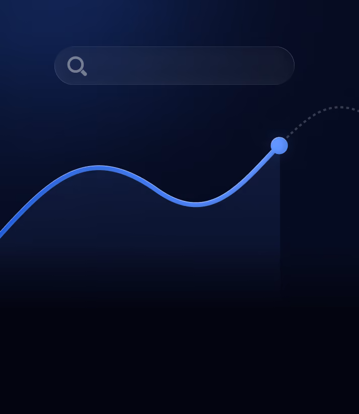 Dark background with a glowing blue curved line graph featuring a highlighted endpoint and a semi-transparent search bar at the top.