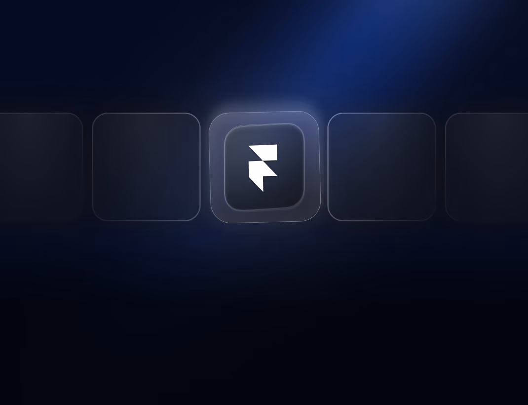 A dark user interface with a row of five square icons faintly visible, the central icon is highlighted with a white stylized origami or geometric bird logo on a dark square background.
