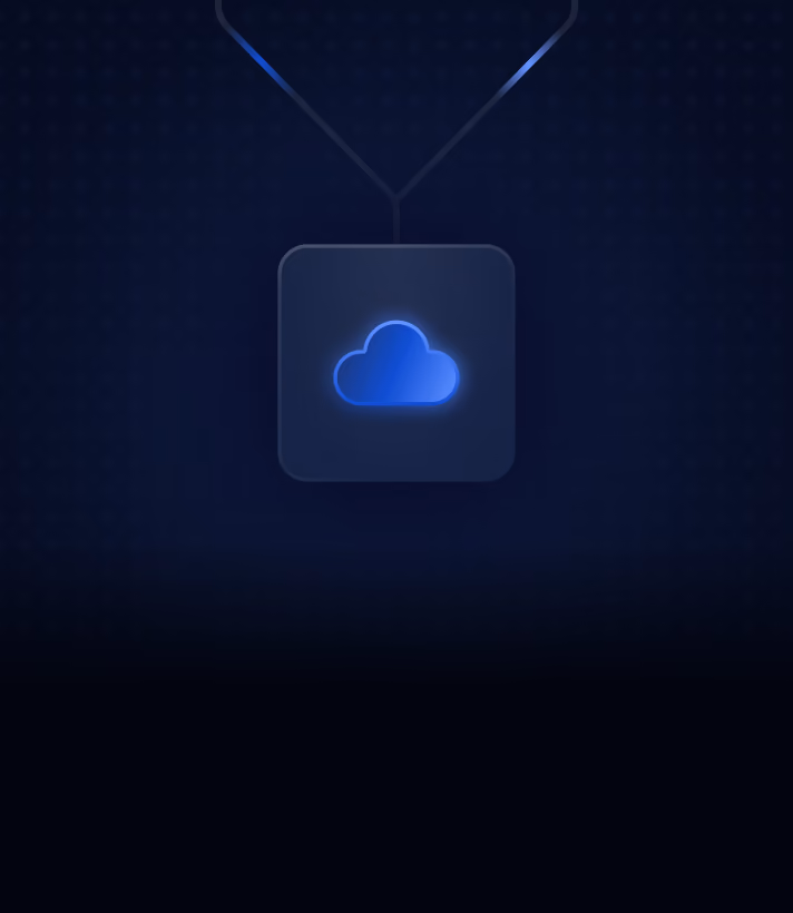 Glowing blue cloud icon inside a rounded square button on a dark background, symbolizing cloud computing or cloud storage.