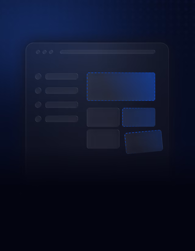Dark-themed browser window layout with a vertical list of three horizontal bars and circular icons on the left and several rectangle and square placeholder blocks on the right, suggesting a dashboard or UI wireframe.