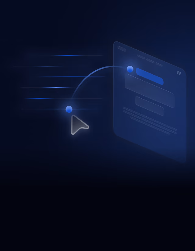 Digital illustration showing a fast-moving cursor pointer with motion lines, jumping towards a dark transparent webpage interface with blue highlights, representing swift navigation or interaction.