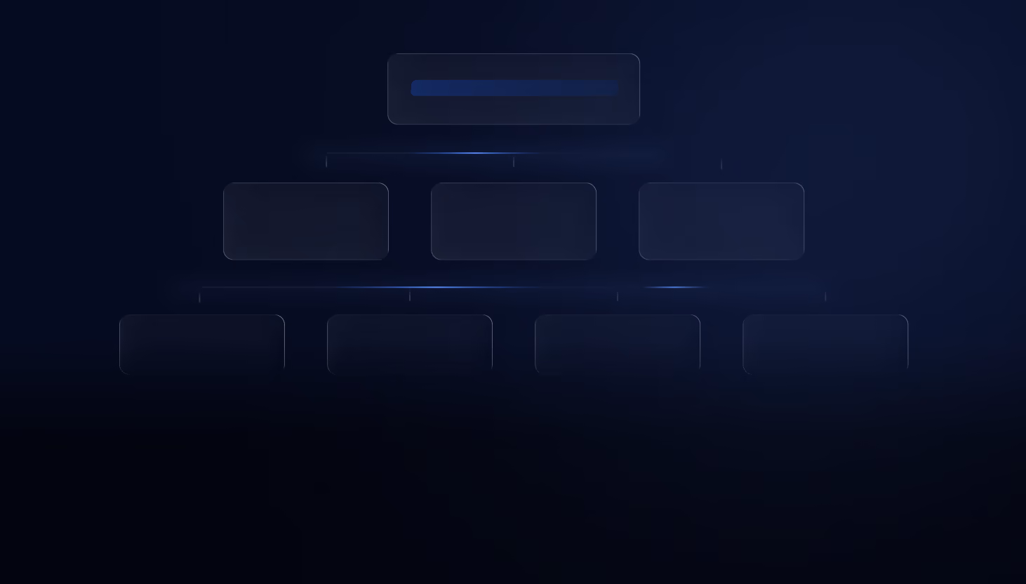 Dark-themed organizational chart with one rectangular box at the top, three connected boxes below it, and four boxes in a lower row, all outlined faintly with blue lines on a dark blue background.