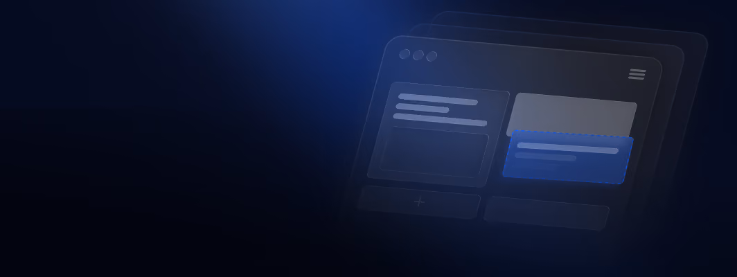 Dark blue gradient background with three overlapping translucent web browser windows on the right, displaying simplified UI elements and text blocks.