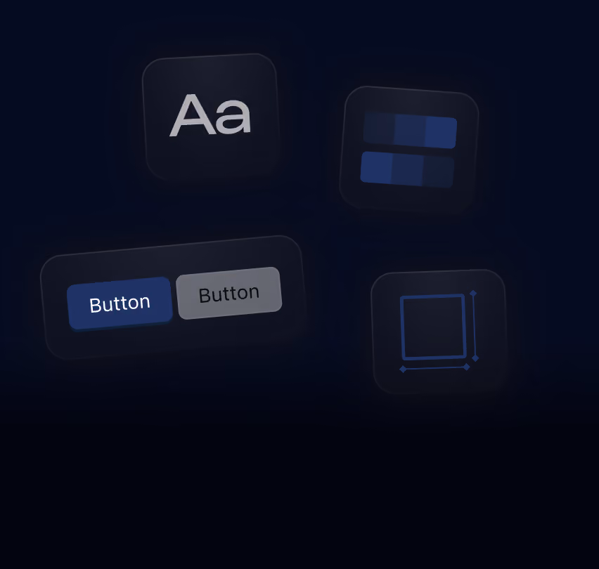 Four dark user interface design icons on a black background: a white 'Aa' text icon, a two-row grid icon, two buttons with one highlighted in blue labeled 'Button' and the other gray, and a square resize icon with arrows indicating height and width.