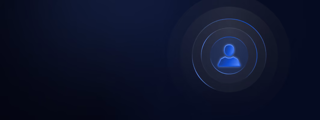 Glowing blue user avatar icon in the center of concentric circles on a dark blue gradient background.
